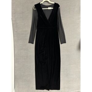 Eliza J‎ Dress 8 Black Velvet Sheer Wrap Maxi Gown Evening Cocktail Gala Formal